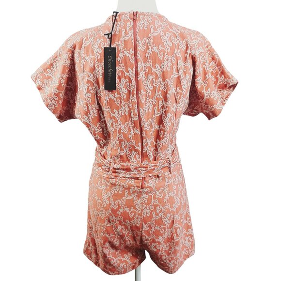 Chocolate U.S.A., Short Romper, Terracotta/Cream Print, Zip Back, Waist Tie SZ L - Picture 3 of 14